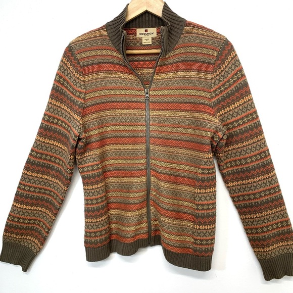 Woolrich Fair Isle Sweater Woman Medium  Full Zip 100% Cotton Retro Classic Work - Picture 1 of 12